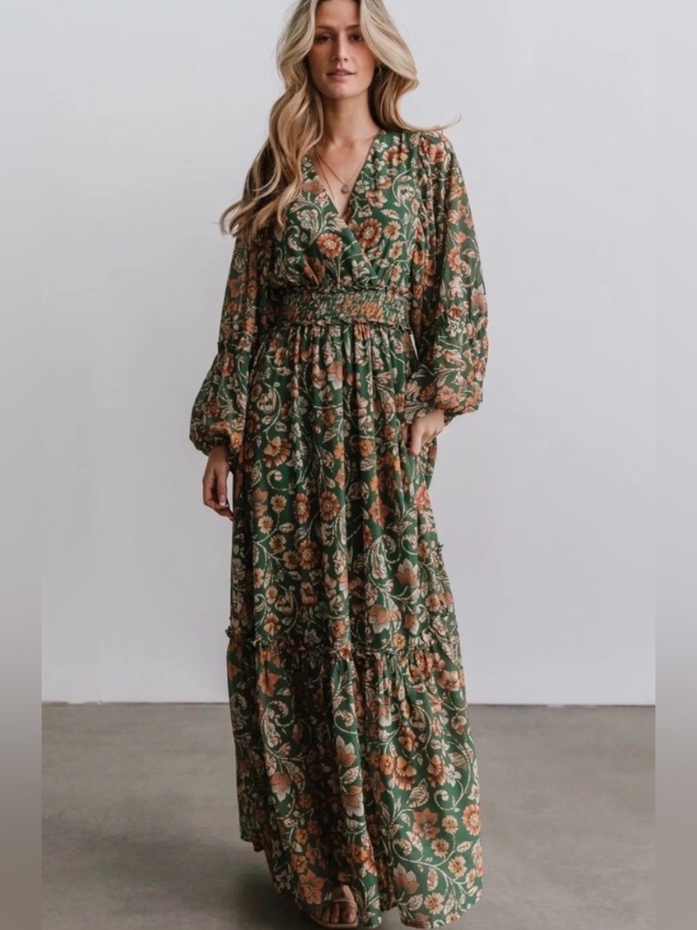Baltic Born Olive Green Floral Smocked Maxi Dress